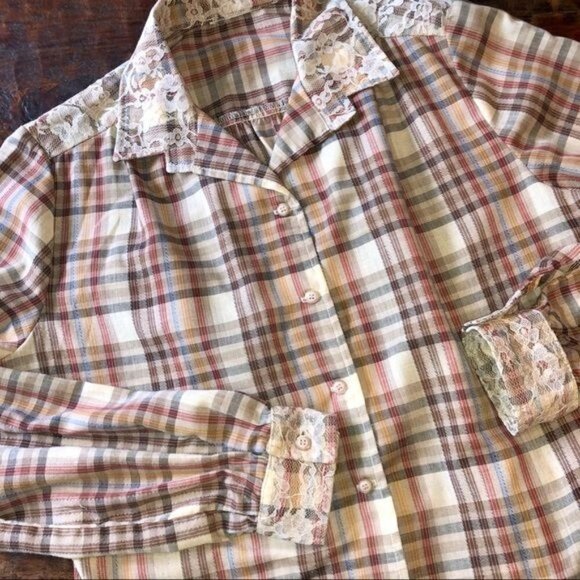 Vintage Tops - Vintage Cottagecore Plaid Lace M/L Blouse.